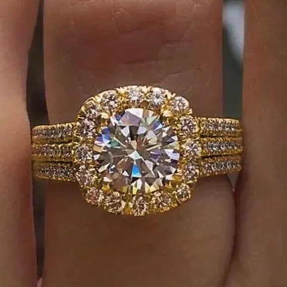 3/$35 Gold Tone Halo Engagement Ring with Gems Copper Crystal Cubic Zirconia CZ - Picture 5 of 5